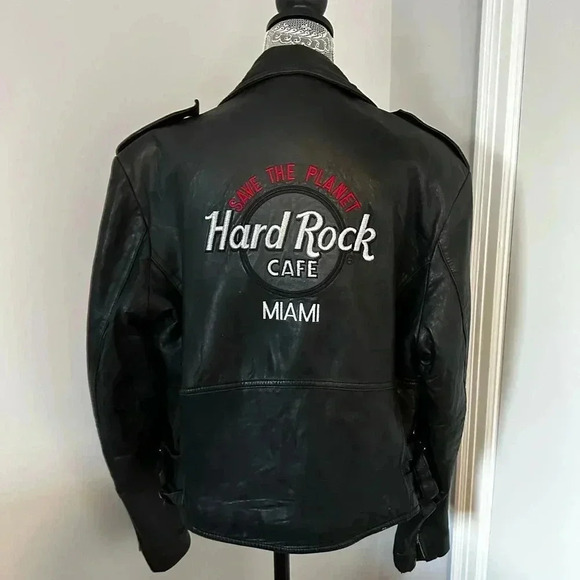 Vintage 90’s Hard Rock Cafe Leather Motorcycle Biker Jacket MIAMI. Sz: S. - Picture 1 of 16